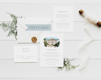 May include: Printable wedding invitation suite with a watercolor illustration of a building. The invitation includes the couple's names, wedding date, and location. The RSVP card includes a place to indicate the number of guests attending. The details card includes information about the wedding and a website address.