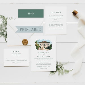 Suite de invitación de boda DIGITAL de 4 piezas, invitación de boda de acuarela personalizada, invitación de boda personalizada, Suite de invitación de lugar personalizado