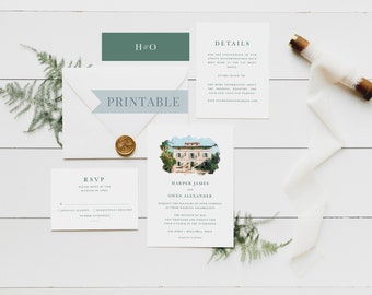 May include: A collection of wedding stationery on a white wooden surface. Includes invitation cards, RSVP cards, and details cards. The invitation features a watercolor illustration of a building. The stationery is accented with a wax seal and ribbon.