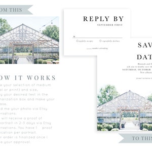 May include: A watercolor illustration of a greenhouse with a white metal frame and glass panels. The greenhouse is surrounded by green trees and bushes. The text "SAVE the DATE" is written in black script font above the image. The text "Hannah and Cooper ask you to kindly save the date SATURDAY, OCTOBER 14TH New Albany, Ohio" is written in black font below the image.