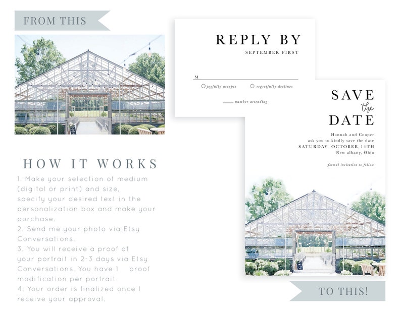May include: A watercolor illustration of a greenhouse with a white metal frame and glass panels. The greenhouse is surrounded by green trees and bushes. The text "SAVE the DATE" is written in black script font above the image. The text "Hannah and Cooper ask you to kindly save the date SATURDAY, OCTOBER 14TH New Albany, Ohio" is written in black font below the image.
