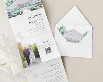 Watercolor Venue Wedding Invitation: Custom Trifold Design
