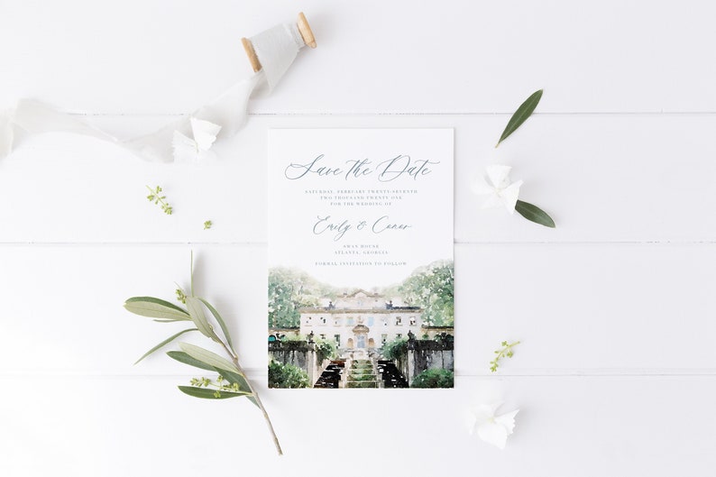 May include: Save the Date card with a watercolor illustration of a building with a fountain and greenery. The text reads "Save the Date" and "Emily & Conor".