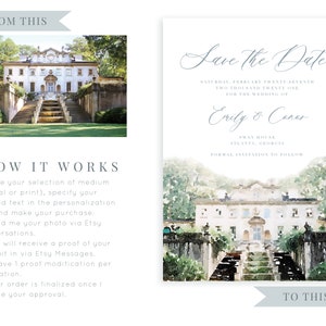 May include: A watercolor illustration of a white house with a large staircase leading up to the front door. The house is surrounded by green trees and bushes. The text "Save the Date" is written in a cursive font at the top of the image. The text "Saturday, February Twenty-Seventh Two Thousand Twenty One For the Wedding of Emily & Conor Swan House Atlanta, Georgia Formal Invitation to Follow" is written below the image.