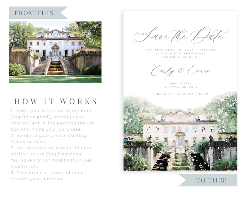 May include: A watercolor illustration of a white house with a large staircase leading up to the front door. The house is surrounded by green trees and bushes. The text "Save the Date" is written in a cursive font at the top of the image. The text "Saturday, February Twenty-Seventh Two Thousand Twenty One For the Wedding of Emily & Conor Swan House Atlanta, Georgia Formal Invitation to Follow" is written below the image.