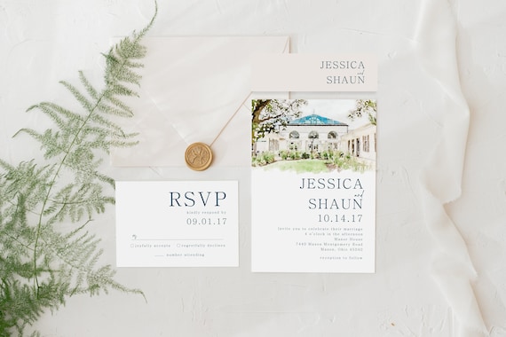 Custom Wedding Invitation Suite, Watercolor Wedding Venue Invitation, Custom Wedding Venue Illustration, Wedding Invitation Set