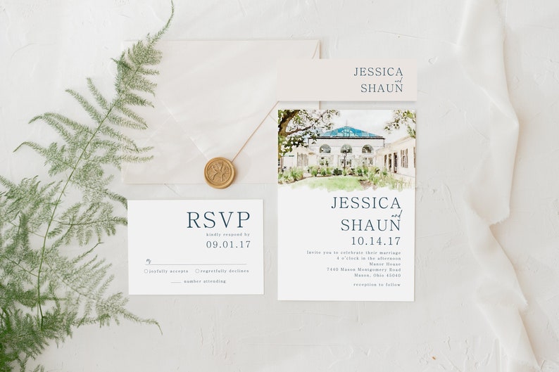 May include: A wedding invitation with a watercolor illustration of a building with a blue roof. The invitation reads "Jessica and Shaun 10.14.17" and includes the address "1400 West Montgomery Road, Mason, Ohio 45040".