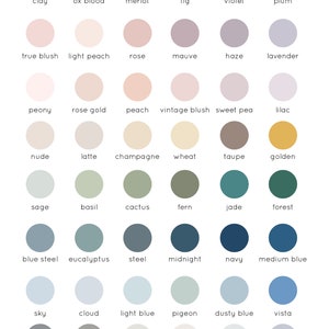 May include: A chart of 48 color swatches with names for each color. The colors are arranged in rows and columns, with the names of the colors listed below each swatch. The colors range from light to dark, and from warm to cool.