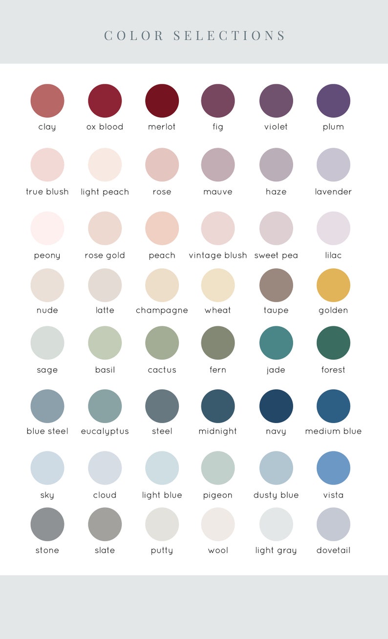 May include: A chart of 48 color swatches with names for each color. The colors are arranged in rows and columns, with the names of the colors listed below each swatch. The colors range from light to dark, and from warm to cool.