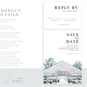 May include: Save the Date card with a watercolor illustration of a greenhouse. The card is printed on premium 130lb card stock and includes a white straight flap envelope. The text on the card reads "Save the Date" with the names Hannah and Cooper and the date Saturday, October 14th. The card also includes the location New Albany, Ohio.
