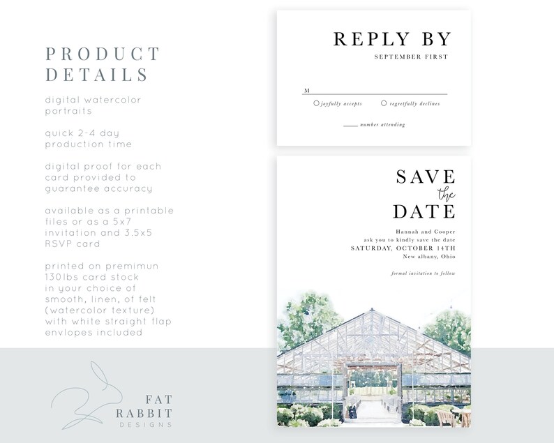 May include: Save the Date card with a watercolor illustration of a greenhouse. The card is printed on premium 130lb card stock and includes a white straight flap envelope. The text on the card reads "Save the Date" with the names Hannah and Cooper and the date Saturday, October 14th. The card also includes the location New Albany, Ohio.