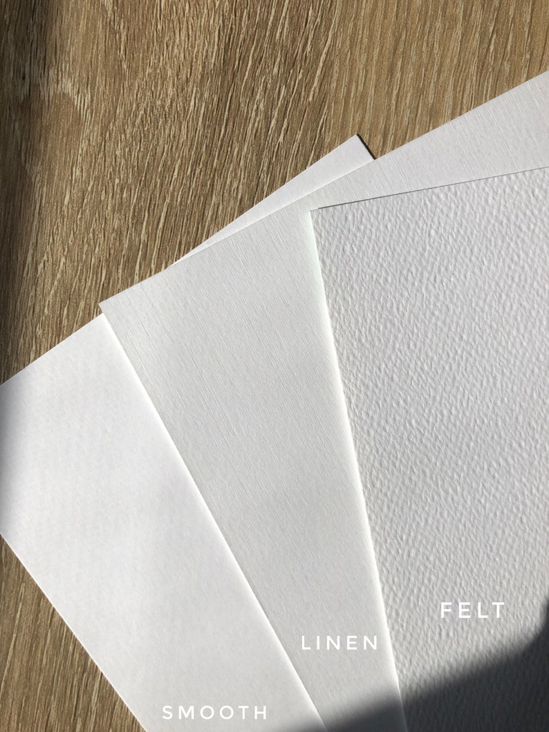 May include: Close-up of three white paper samples with different textures: smooth, linen, and felt. The paper samples are labeled with their respective textures.