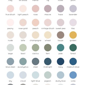 May include: A chart of 48 color swatches with names for each color. The colors are arranged in rows and columns, with the names of the colors listed below each swatch. The colors range from light to dark, and from warm to cool.
