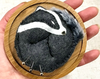 Sleeping Badger Pincushion / Handmade Pin Cushion / Woodland Sewing Accessories / Needle Minder