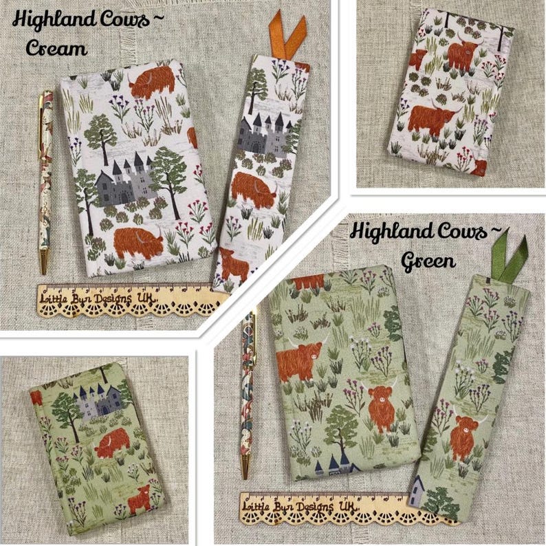 May include: Stationery set with a Highland cow theme. The set includes a pen, notebook, and bookmark. The designs feature a castle, trees, and Highland cows on cream and green backgrounds. The bookmark has a ribbon attached.