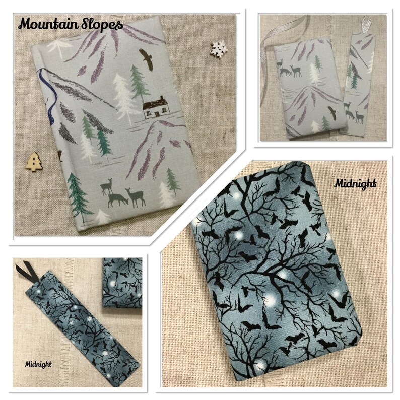 May include: Fabric book covers and bookmarks. One cover has a mountain scene with trees, deer, and a cabin. Another features a midnight sky with bats and branches. The text "Mountain Slopes" and "Midnight" are visible.