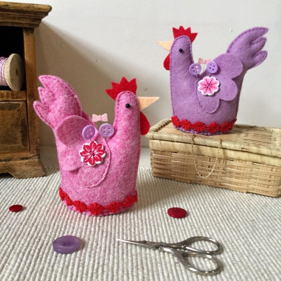 Handmade Felt Chicken Pin Cushion / Floral Sewing Companion