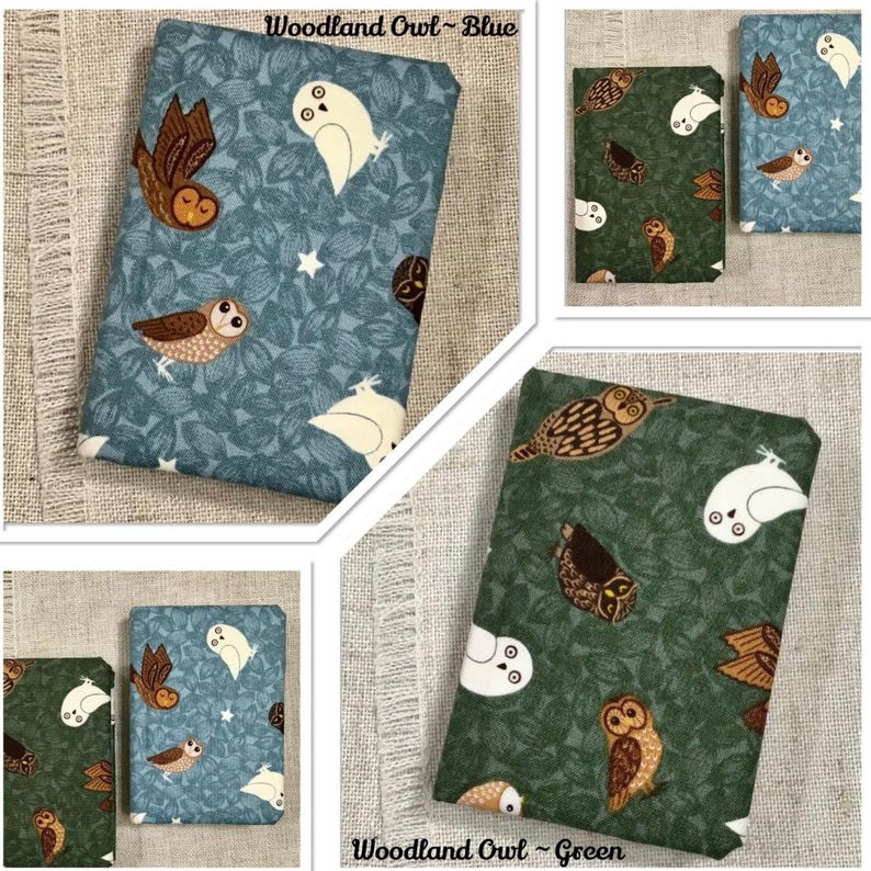 May include: Notebooks with owl designs. One notebook has a blue background with white, brown, and tan owls. The other notebook has a green background with white and brown owls. The text "Woodland Owl" is visible.