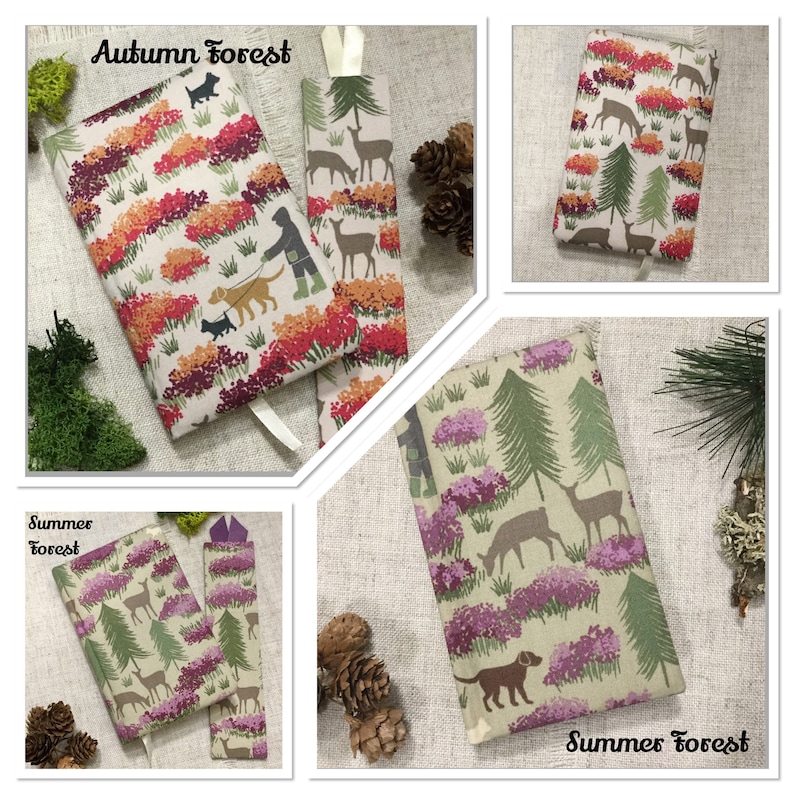 May include: A collection of book covers and a bookmark with forest designs. One features a person walking dogs, with text "Autumn Forest". Another shows deer and trees, with text "Summer Forest". The designs include trees, deer, and colorful foliage.