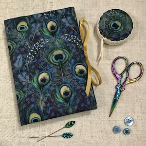 Handmade Needle Book / Peacock Feather Sewing Accessory Case with Scissor Pocket