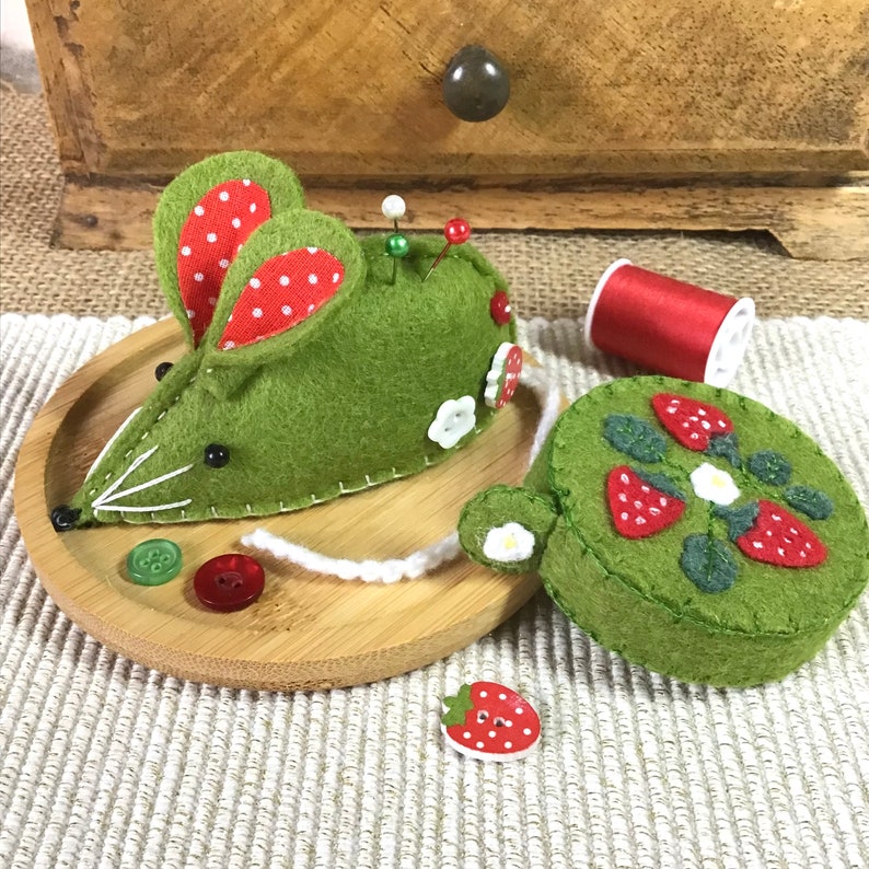 Strawberry Mouse Pincushion / Hand Sewn Felt Mouse + Matching Tape ...