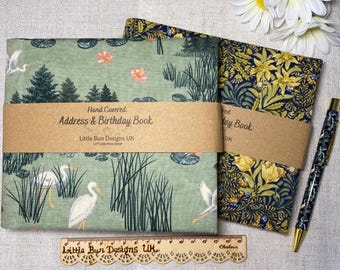 Address & Birthday Book + Pen / Hand Covered Fabric Book / Peacocks / Vintage Birds