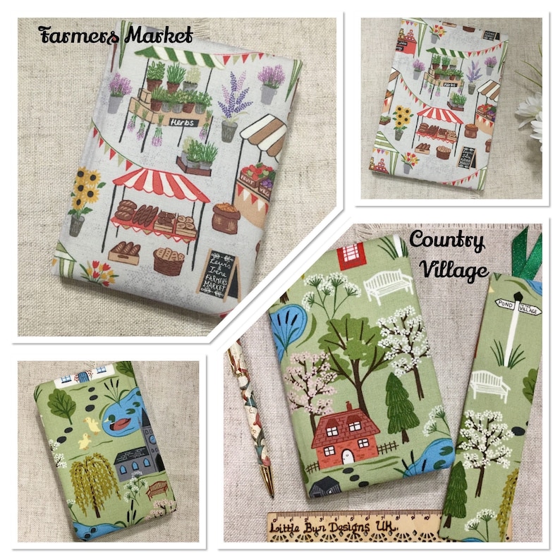 May include: A collection of fabric-covered book covers and a bookmark. Designs include a farmer's market scene with stalls and produce, and a country village with a house and trees. The text "Farmers Market" and "Country Village" are displayed on the covers.