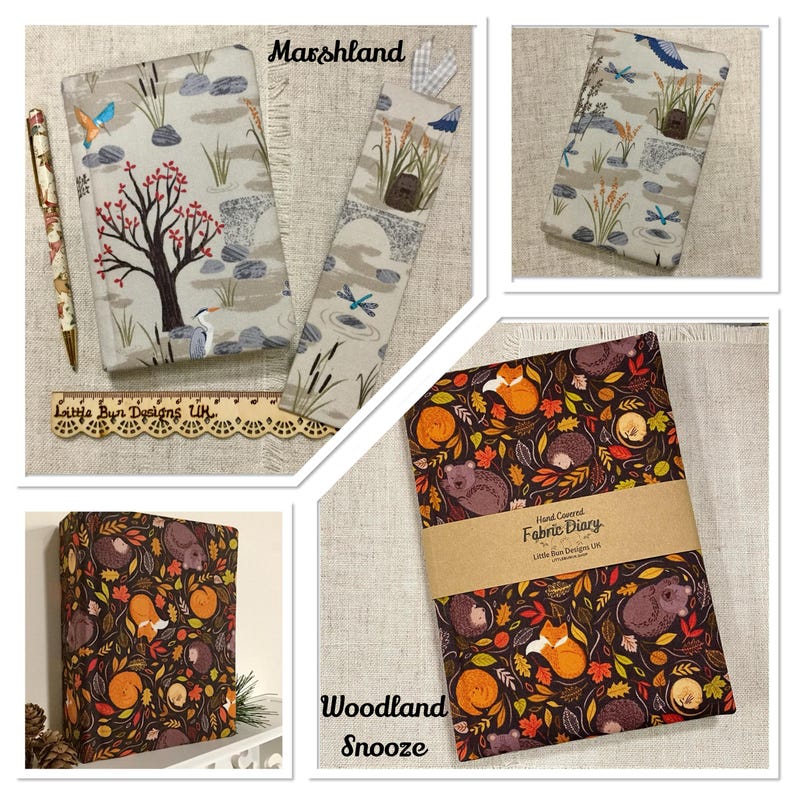 Op de afbeelding: Twee met stof beklede dagboeken en een bijpassende bladwijzer. E&eacute;n dagboek heeft een moerasprint met een boom, vogel en stenen. De andere, met het label Woodland Snooze, heeft een donkerbruine achtergrond met vossen, egels en herfstbladeren.