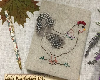 Chicken notebook / A6 notebook / hand embroidered notebook / A6 lined notebook / linen notebook / fabric covered notebook