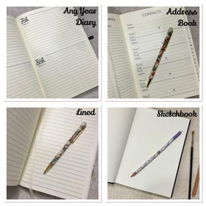May include: Four different types of notebooks with pens and pencils. The notebooks are labeled "Any Year Diary", "Address Book", "Lined", and "Sketchbook".