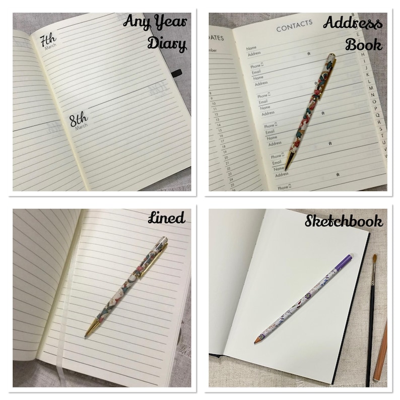 May include: Four different types of notebooks with pens and pencils. The notebooks are labeled "Any Year Diary", "Address Book", "Lined", and "Sketchbook".
