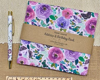 Address & Birthday Book  / Hand Covered Fabric Book / Floral Design Lilac Roses