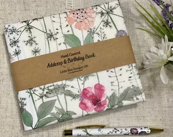 Address & Birthday Book + Pen / Hand Covered Fabric Book / Meadow Design