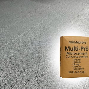 May include: A brown paper bag of GlöbMarble Multi-Prö microcement concrete overlay. The bag lists application methods: trowel, broom, spray, texture, and squeegee. The bag weighs 22.7 kg.