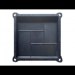 May include: Black plastic square tray with a grid pattern and multiple holes around the perimeter.