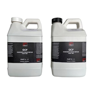 May include: Two white plastic containers of concrete crack repair. Each container has a black label with white text that reads "GCF CONCRETE CRACK REPAIR FAST SET". One container is labeled "PART A 1:1" and the other "PART B 1:1".