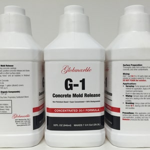 May include: Three white plastic bottles of G-1 Concrete Mold Release, a non-petroleum based, super concentrated, 100% biodegradable product. The bottles are labeled with instructions for mixing, application, and precautions. The product is concentrated 30:1 and makes 7 3/4 gallons (29.3 liters) from a 32 fluid ounce (946 ml) bottle.