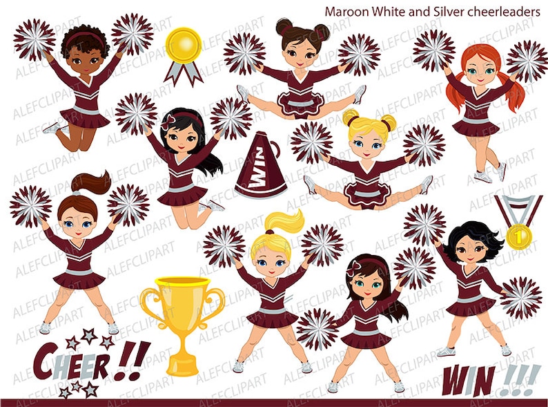 Personal and Commercial Use-paper crafts,card making,scrapbooking,web design Silver and White Cheerleader Digital Clipart Set for Maroon