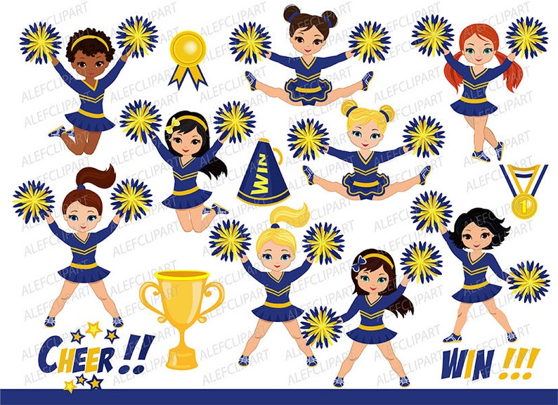 Blue and Yellow Cheerleader Digital Clipart Set for -Personal and Commercia...
