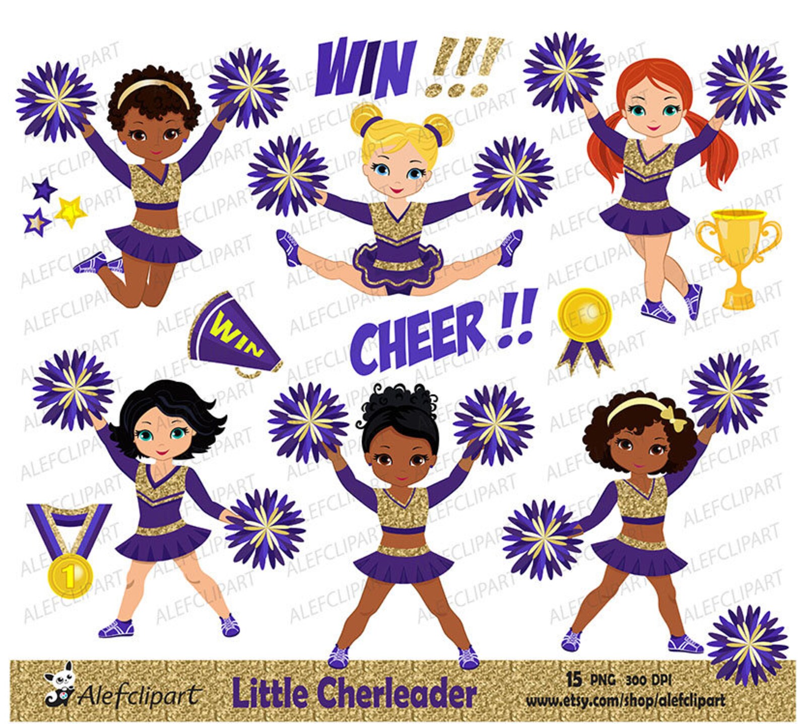 Purple and Gold Cheerleader Digital Clipart Set for -Personal and Commercia...