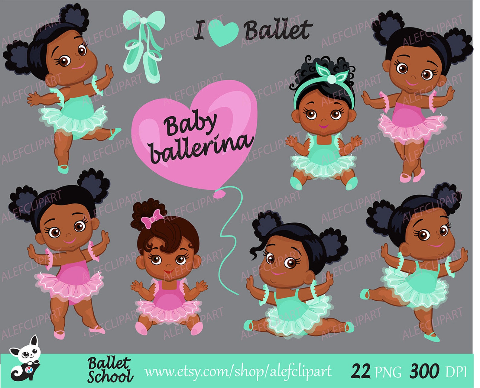 ballet - baby ballerina clipart, ballet clipart, african american baby ballerinas.pink and mint.for personal and commercial use.