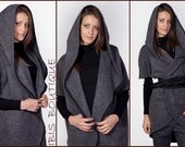 Modern oversize wool woman cardigan, fashion coat kimono, plus sizes large sizes, gray soft loose wool jacket, large hood, maxi knit top