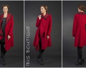 Long red woman winter cardigan, 100 wool maxi winter overcoat, large plus sizes, Christmas gift, asymmetric elegant , gift for her