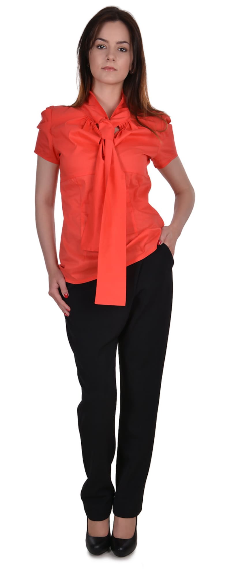 Elegant woman shirt Classics Orange office blouse Puffed Sleeve Shirt Romantic blouse Romantic shirt Office clothes Formal blouse