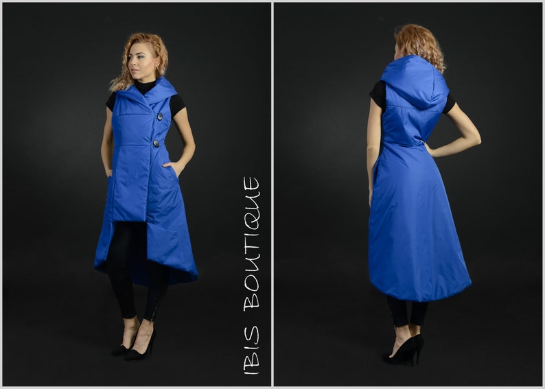Maxi blue woman jacket plus sizes water resistant sleveless overcoat coat blazer vest modern coat asymmetric extravagant jacket