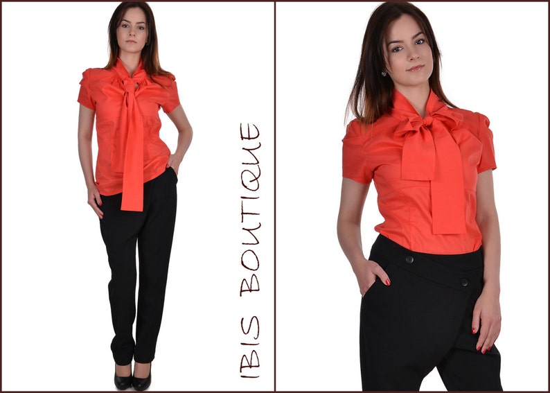 Elegant woman shirt Classics Orange office blouse Puffed Sleeve Shirt Romantic blouse Romantic shirt Office clothes Formal blouse