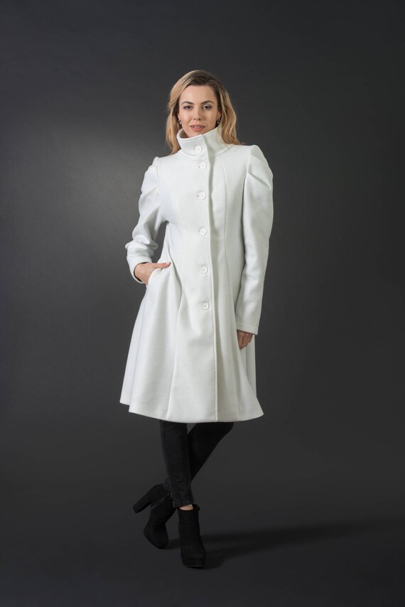 Elegant white wool overcoat plus size long Ruffles winter coat V neck pockets coats Elegant white wool overcoat plus size long Ruffles winter coat V neck pockets coats