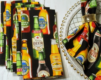 Beer Cotton Fabric Cloth Dinner Napkins - Beer Bottles - Brewery, Happy Hour Party Beverage Table Decor - Beer Lover's Gift - Set of 6