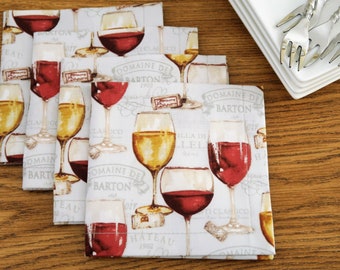 Wine Cloth Cocktail Napkins - Wine Glasses - Small Cotton Napkin - Appetizer, Wine Tasting Table Decor, Snack - Wine Lovers Gift - Set of 6