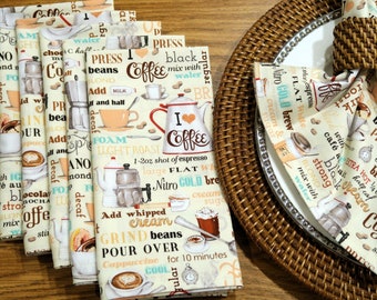 Coffee Cloth Dinner Napkins - Coffee House - Bistro, Cafe, Coffee Bar Decor - Espresso, French Press, Latte - Coffee Lovers Gift Set of 6